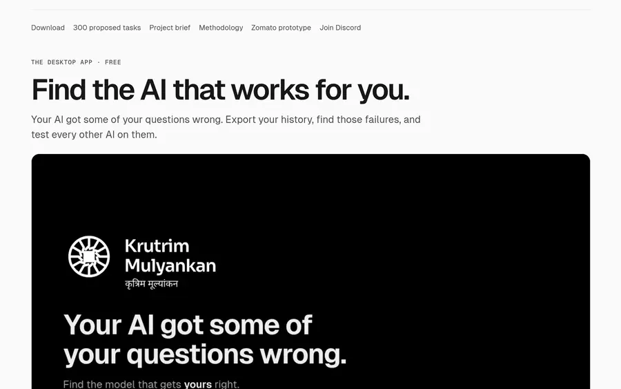 Krutrim Mulyankan’s homepage: “Find the AI that works for you”, above a short film about the desktop app.