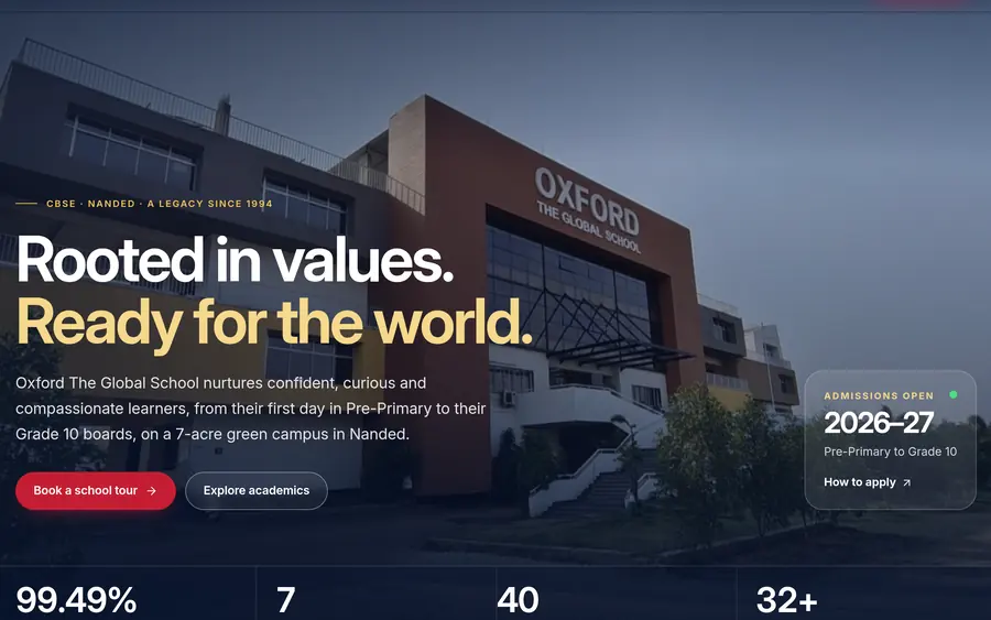 Oxford The Global School’s homepage: “Rooted in values. Ready for the world.” over a photo of the school building, with admissions open for 2026–27.